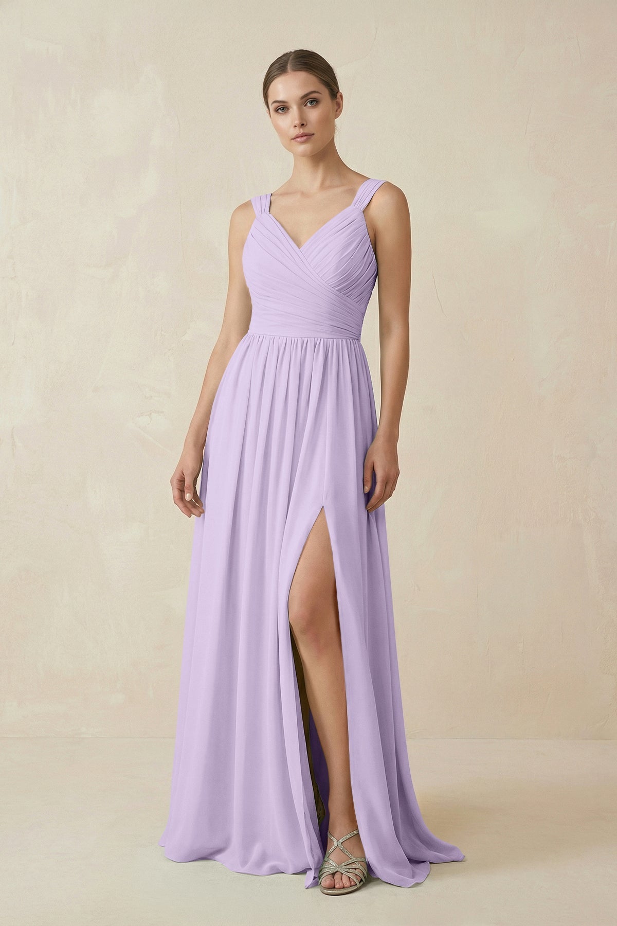 A-Line Pleated Chiffon Long Bridesmaid Dress in Lavender