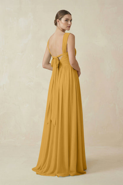 A-Line Pleated Chiffon Long Bridesmaid Dress in Marigold