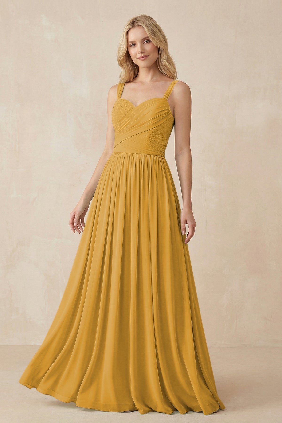 A-Line Pleated Long Chiffon Bridesmaid Dress in Marigold