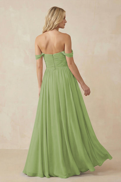 A-Line Pleated Long Chiffon Bridesmaid Dress in Matcha