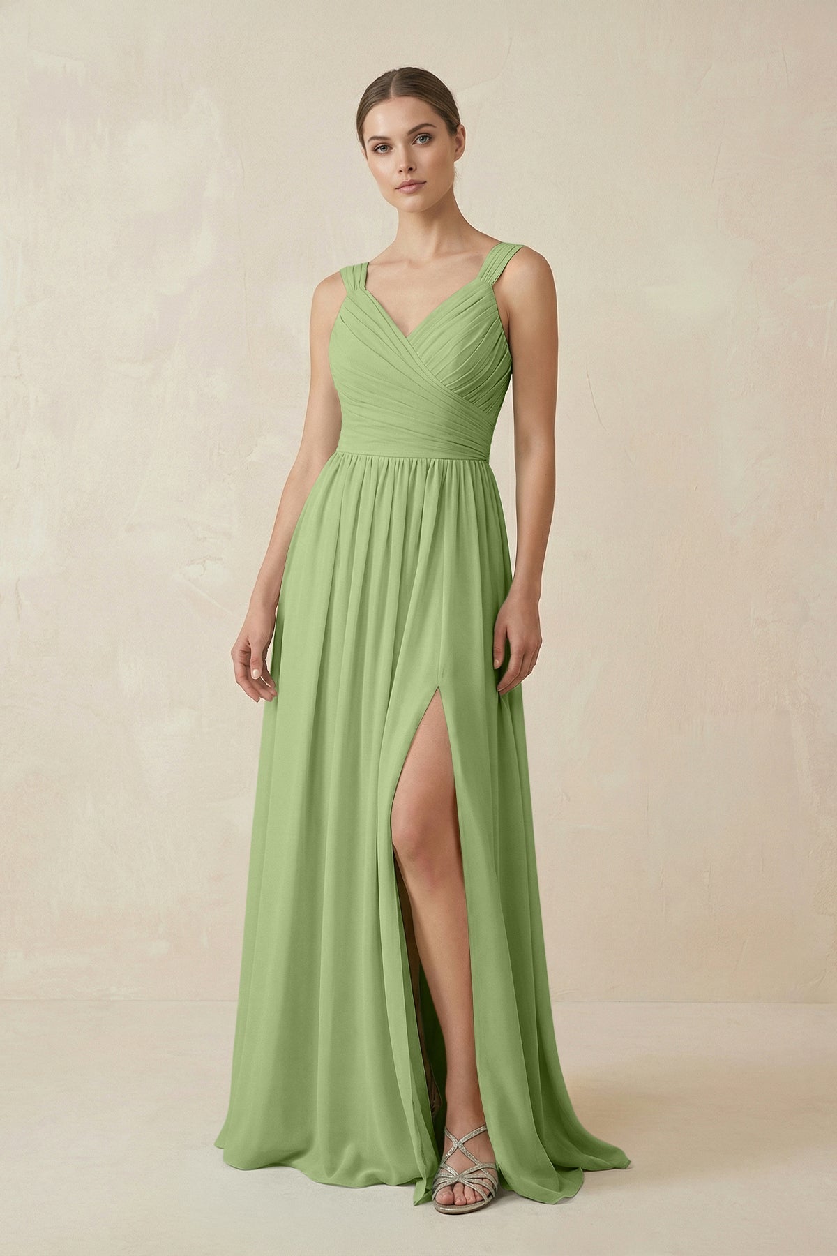 A-Line Pleated Chiffon Long Bridesmaid Dress in Matcha