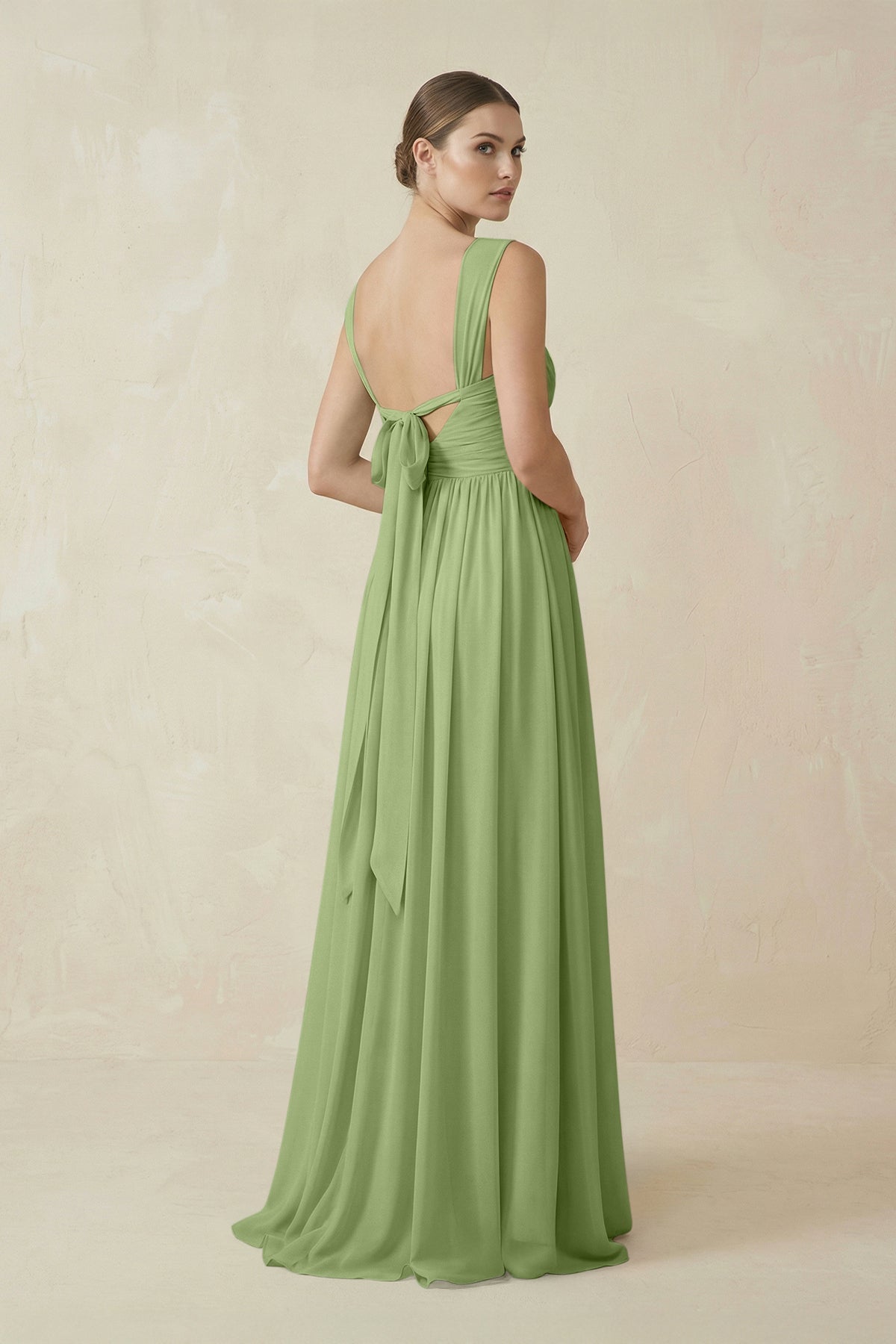 A-Line Pleated Chiffon Long Bridesmaid Dress in Matcha