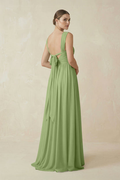 A-Line Pleated Chiffon Long Bridesmaid Dress in Matcha
