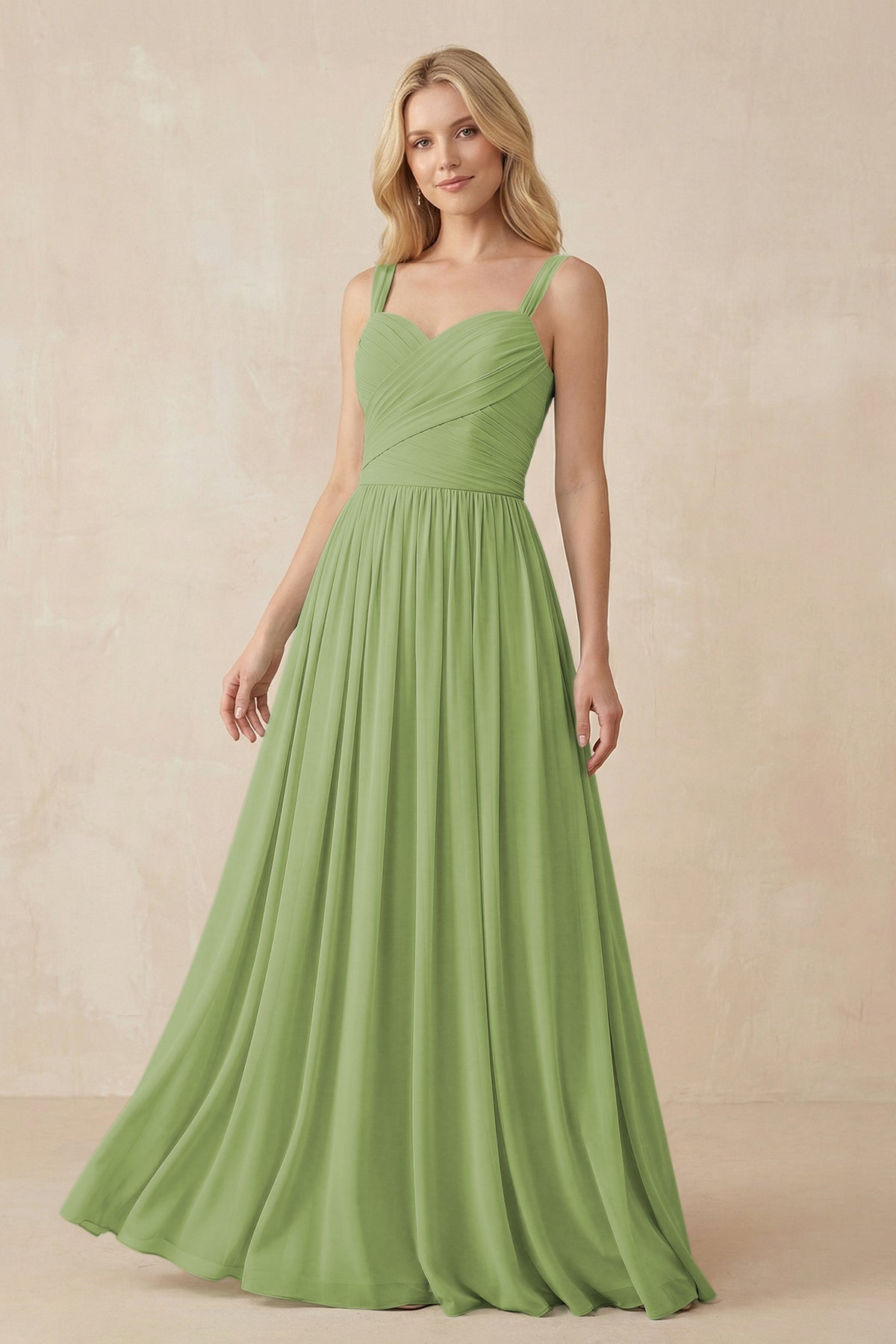 A-Line Pleated Long Chiffon Bridesmaid Dress in Matcha