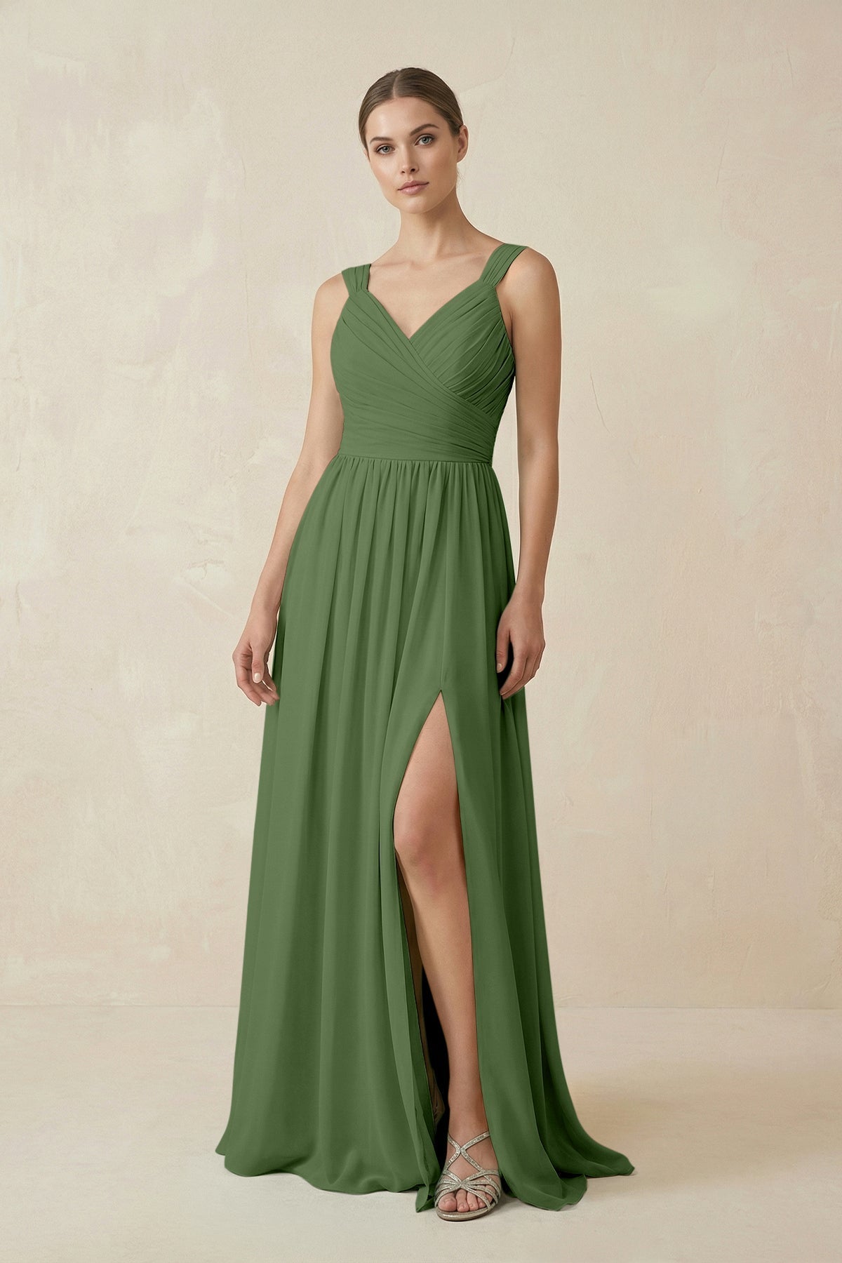 A-Line Pleated Chiffon Long Bridesmaid Dress in Moss