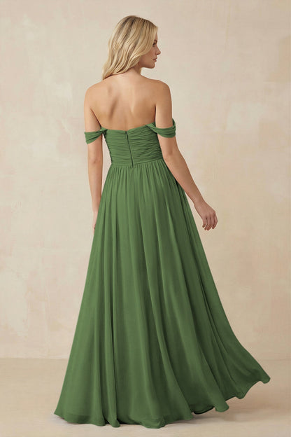 A-Line Pleated Long Chiffon Bridesmaid Dress in Moss