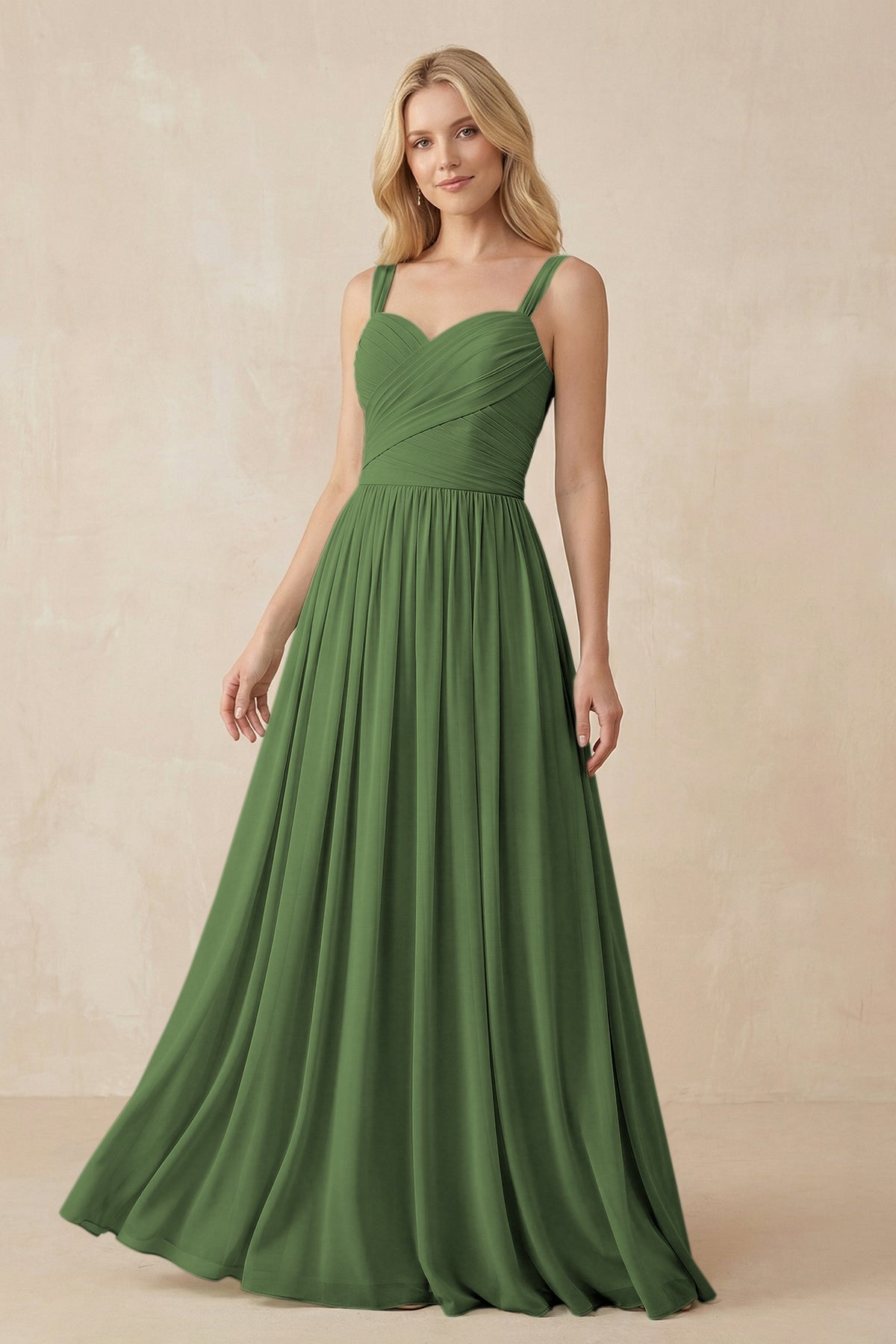A-Line Pleated Long Chiffon Bridesmaid Dress in Moss