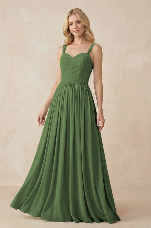 A-Line Pleated Long Chiffon Bridesmaid Dress in Moss