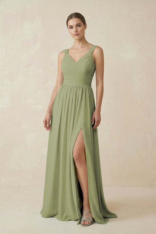 A-Line Pleated Chiffon Long Bridesmaid Dress in Moss Green