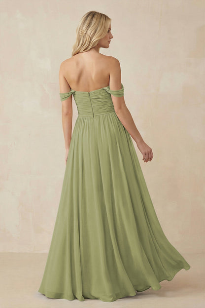 A-Line Pleated Long Chiffon Bridesmaid Dress in Moss Green