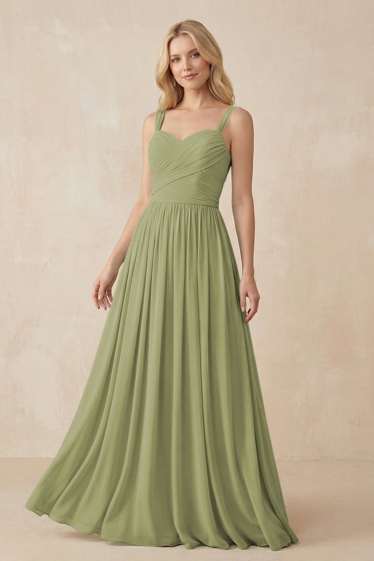 A-Line Pleated Long Chiffon Bridesmaid Dress in Moss Green