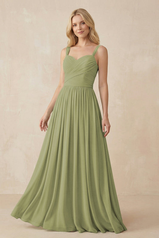A-Line Pleated Long Chiffon Bridesmaid Dress in Moss Green
