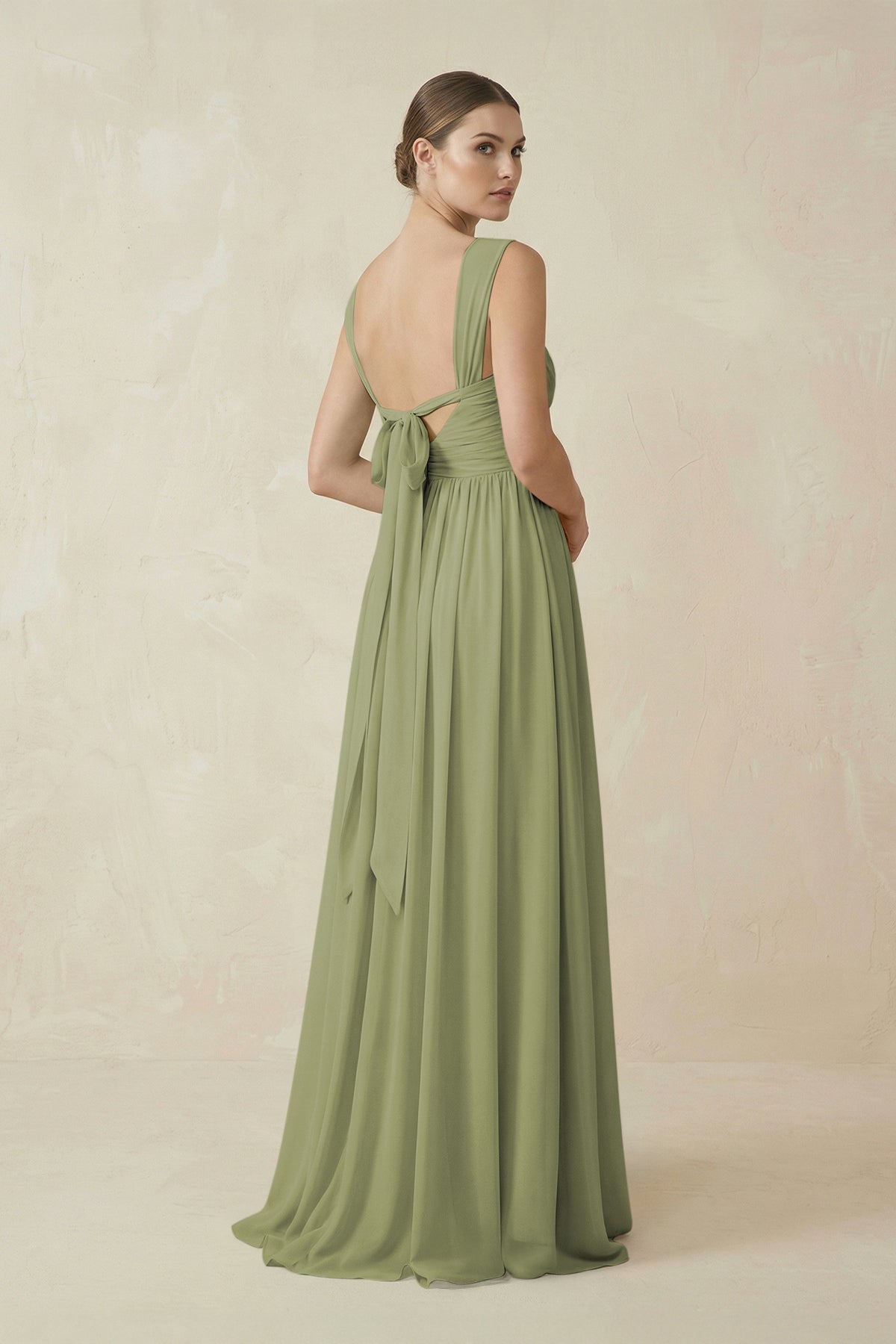 A-Line Pleated Chiffon Long Bridesmaid Dress in Moss Green