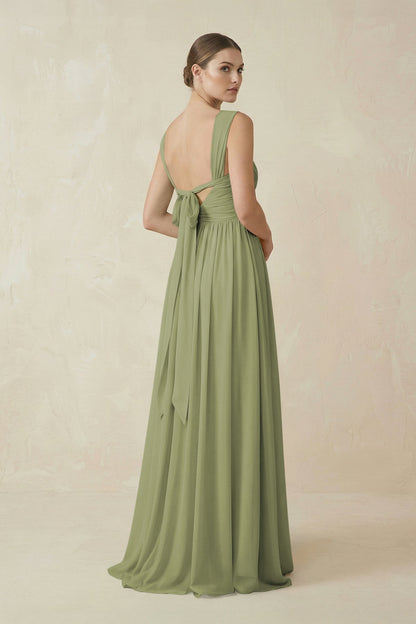 A-Line Pleated Chiffon Long Bridesmaid Dress in Moss Green