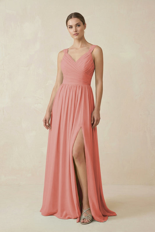 A-Line Pleated Chiffon Long Bridesmaid Dress in Mulberry