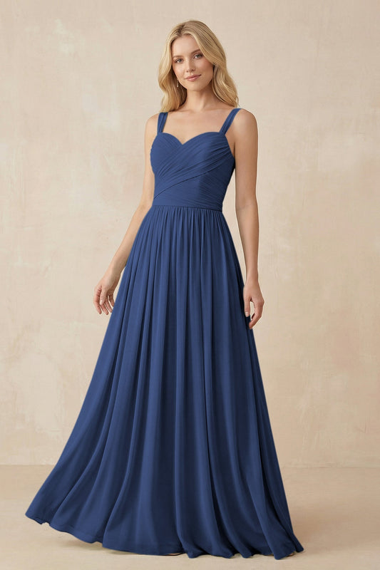 A-Line Pleated Long Chiffon Bridesmaid Dress in Navy