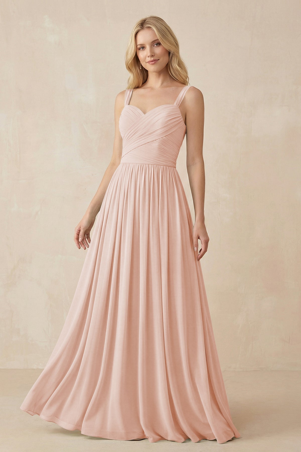A-Line Pleated Long Chiffon Bridesmaid Dress in Pale Blush