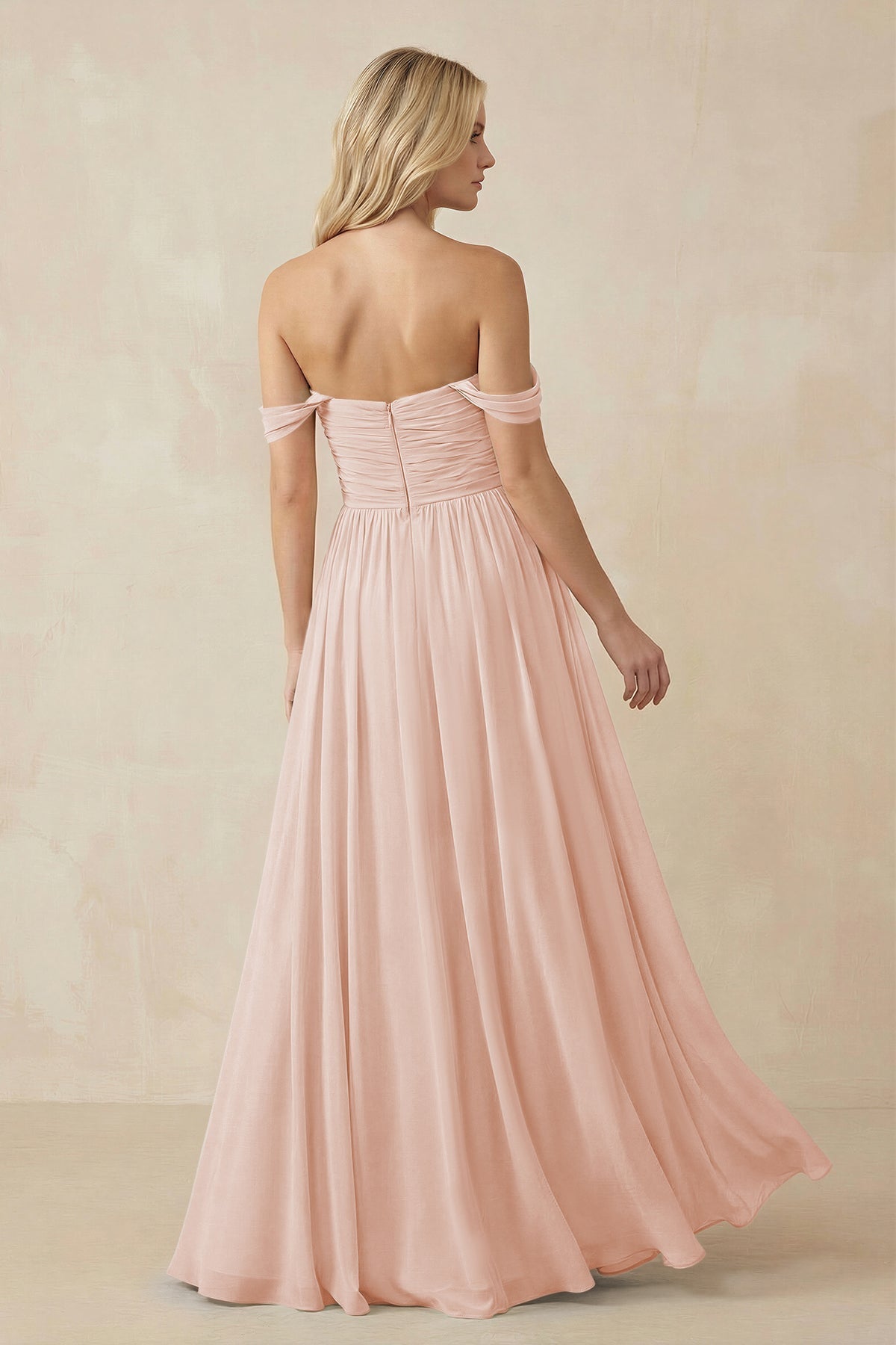 A-Line Pleated Long Chiffon Bridesmaid Dress in Pale Blush