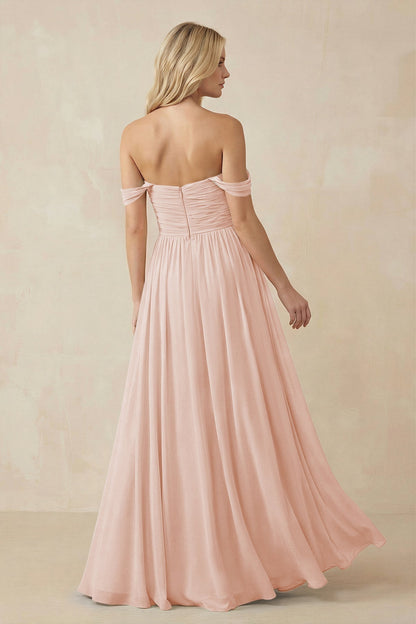 A-Line Pleated Long Chiffon Bridesmaid Dress in Pale Blush
