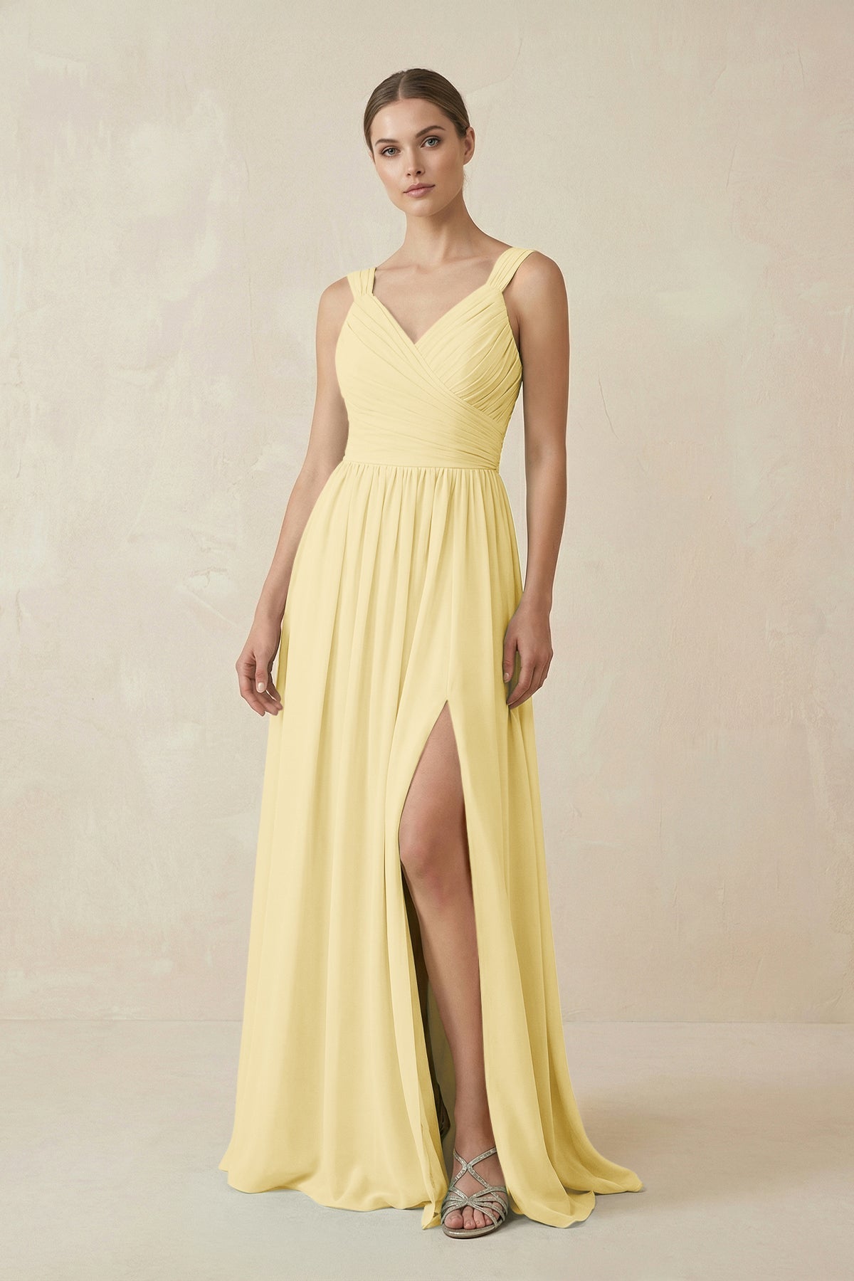 A-Line Pleated Chiffon Long Bridesmaid Dress in Pastel Yellow