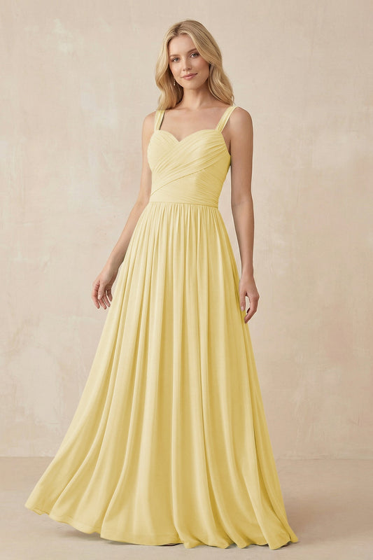 A-Line Pleated Long Chiffon Bridesmaid Dress in Pastel Yellow