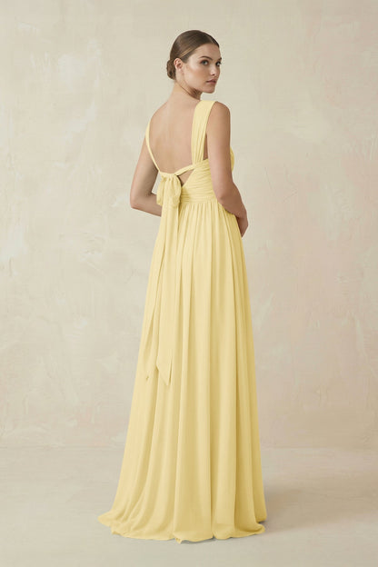 A-Line Pleated Chiffon Long Bridesmaid Dress in Pastel Yellow