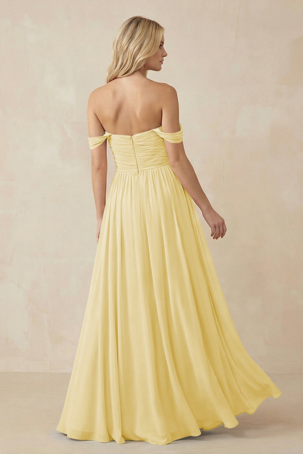 A-Line Pleated Long Chiffon Bridesmaid Dress in Pastel Yellow