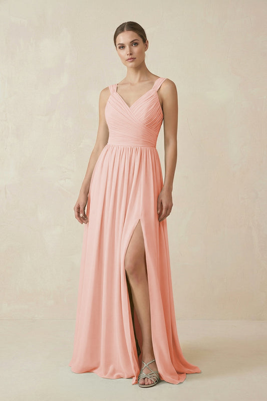 A-Line Pleated Chiffon Long Bridesmaid Dress in Rose Petal