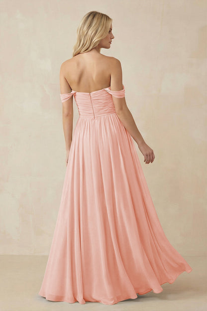 A-Line Pleated Long Chiffon Bridesmaid Dress in Rose Petal