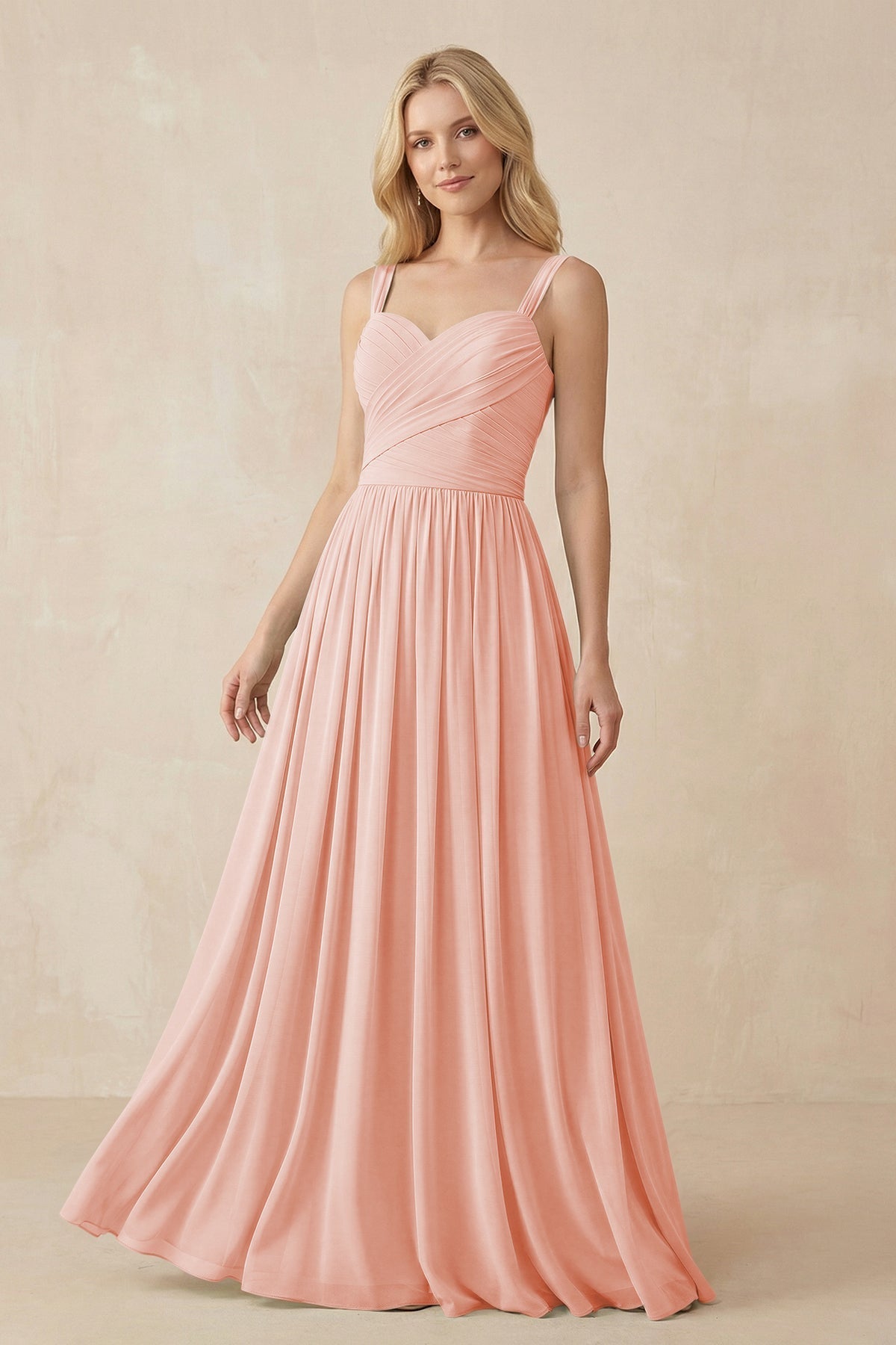 A-Line Pleated Long Chiffon Bridesmaid Dress in Rose Petal