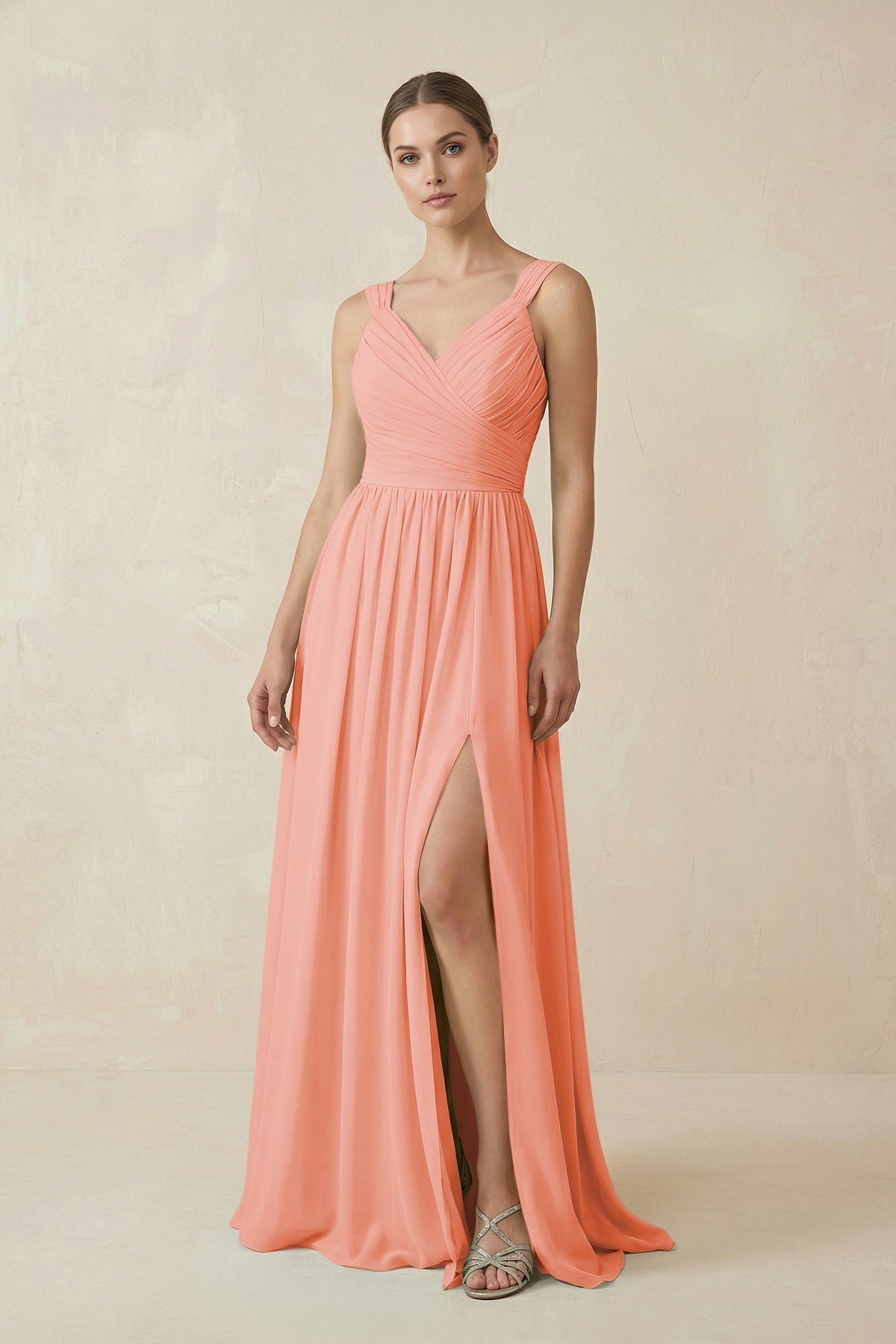 A-Line Pleated Chiffon Long Bridesmaid Dress in Rosette