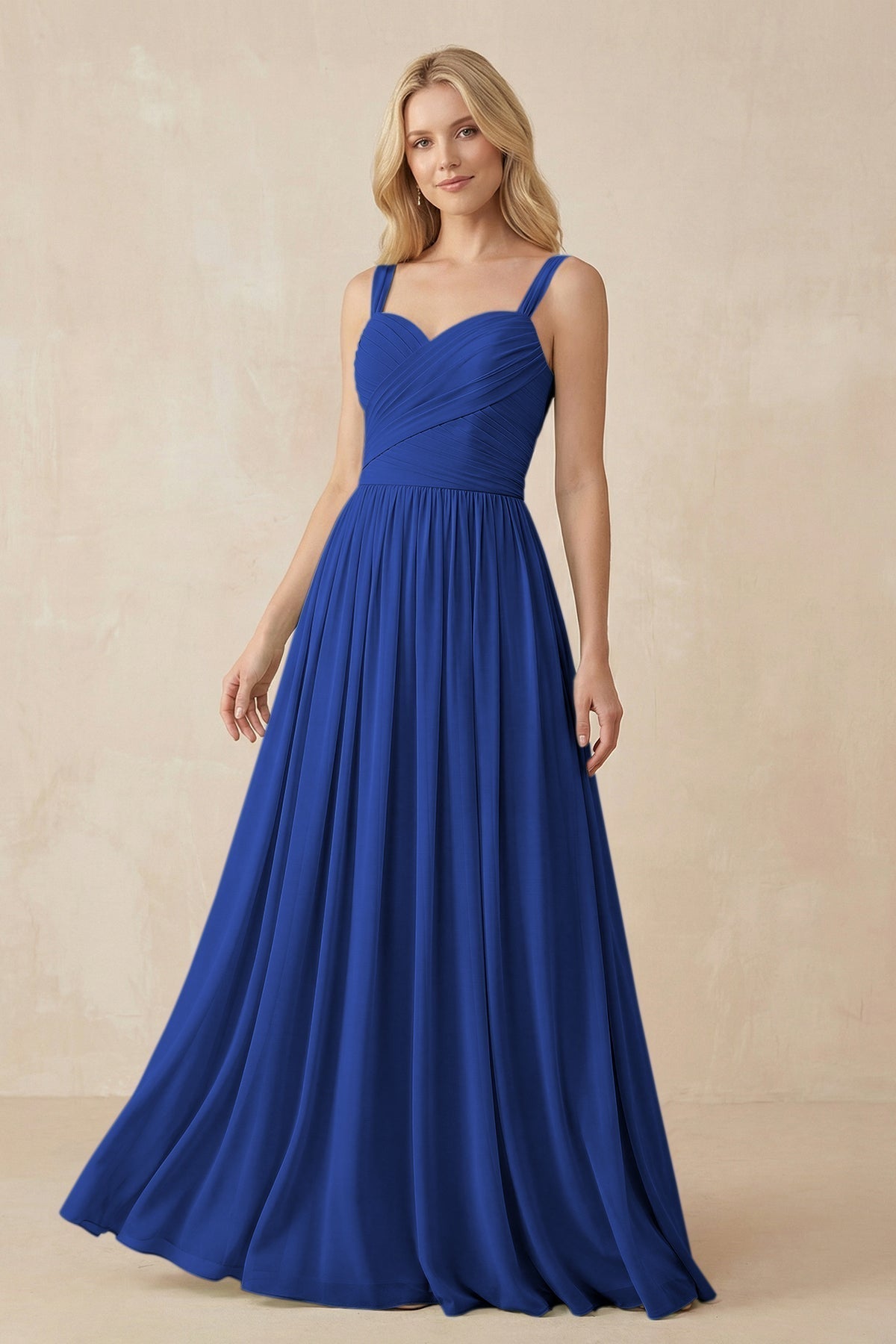 A-Line Pleated Long Chiffon Bridesmaid Dress in Royal Blue