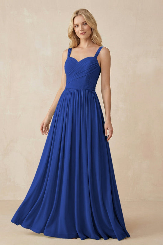 A-Line Pleated Long Chiffon Bridesmaid Dress in Royal Blue