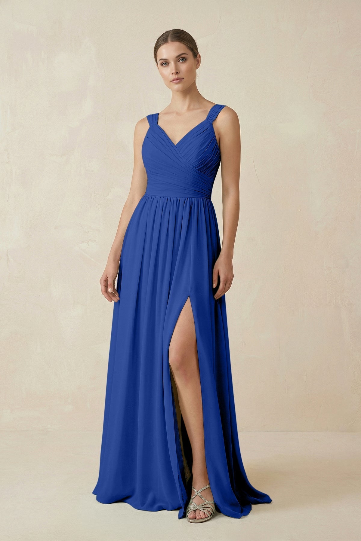 A-Line Pleated Chiffon Long Bridesmaid Dress in Royal Blue