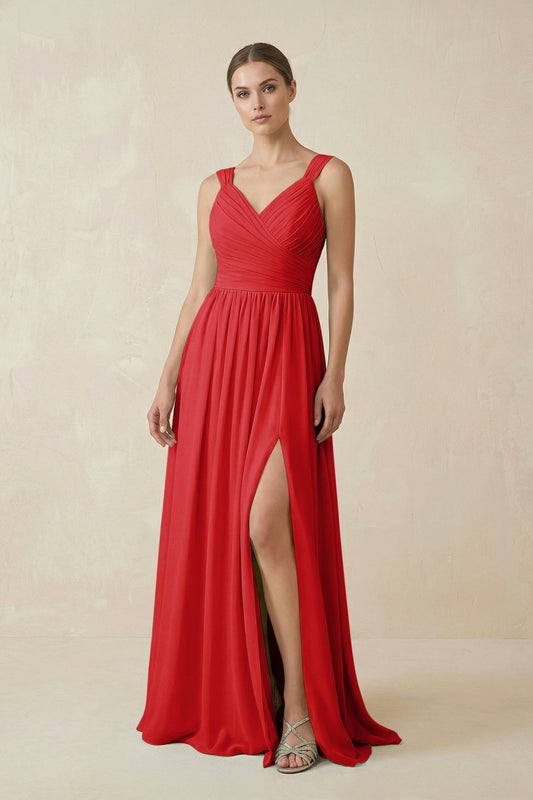 A-Line Pleated Chiffon Long Bridesmaid Dress in Ruby Red