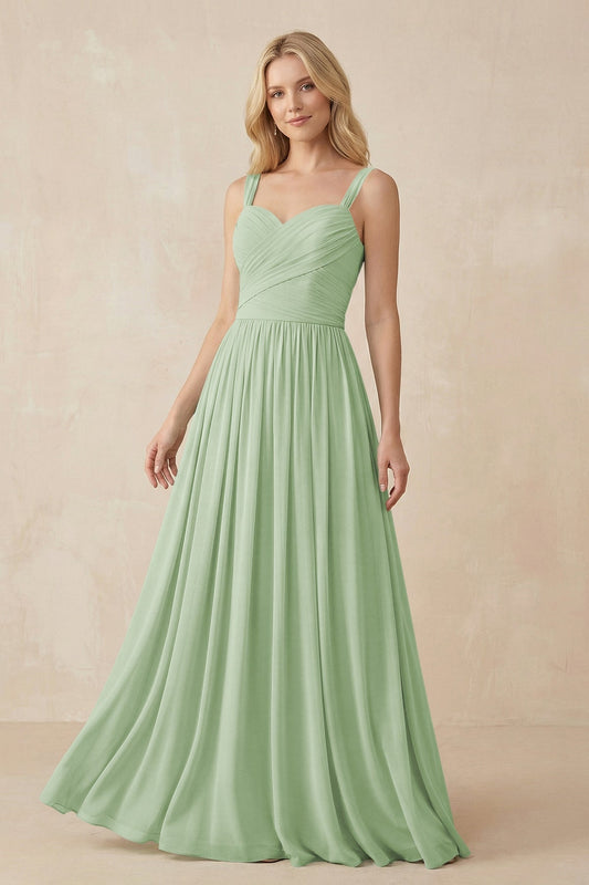 A-Line Pleated Long Chiffon Bridesmaid Dress in Sage