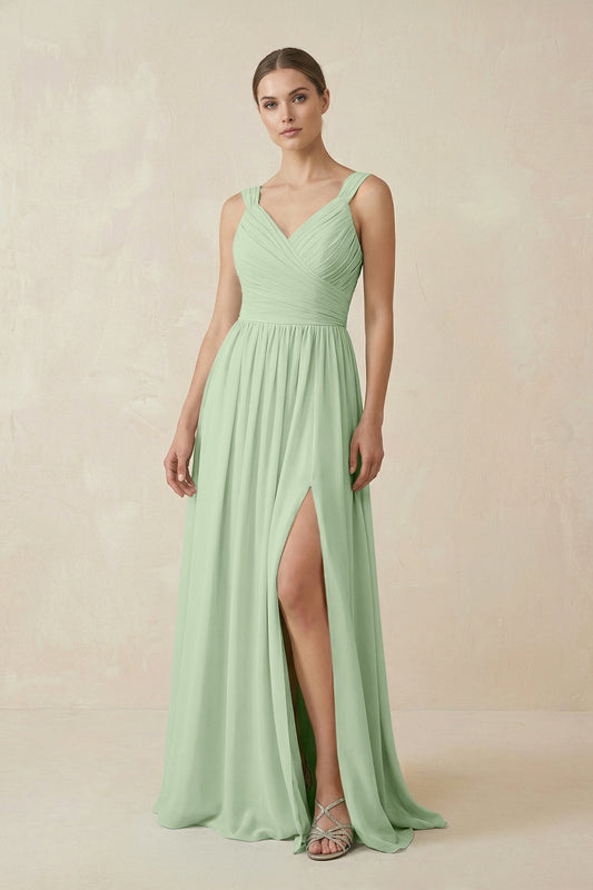 A-Line Pleated Chiffon Long Bridesmaid Dress in Sage