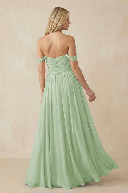 A-Line Pleated Long Chiffon Bridesmaid Dress in Sage