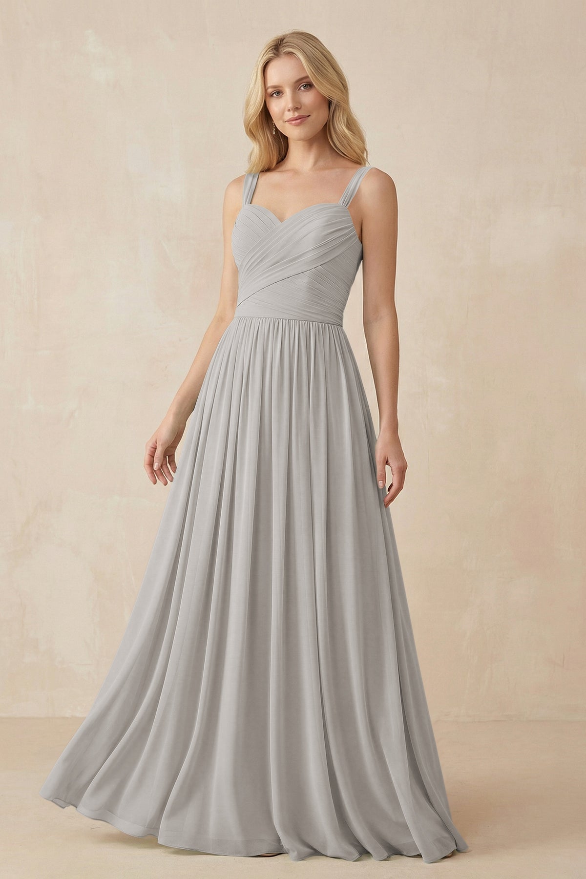 A-Line Pleated Long Chiffon Bridesmaid Dress in Silver