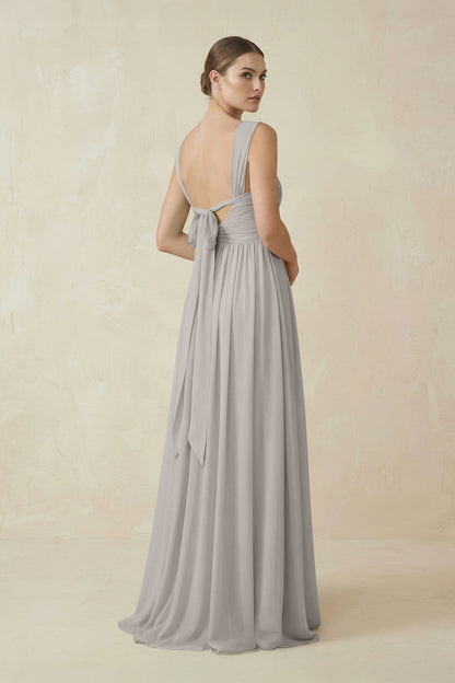 A-Line Pleated Chiffon Long Bridesmaid Dress in Silver