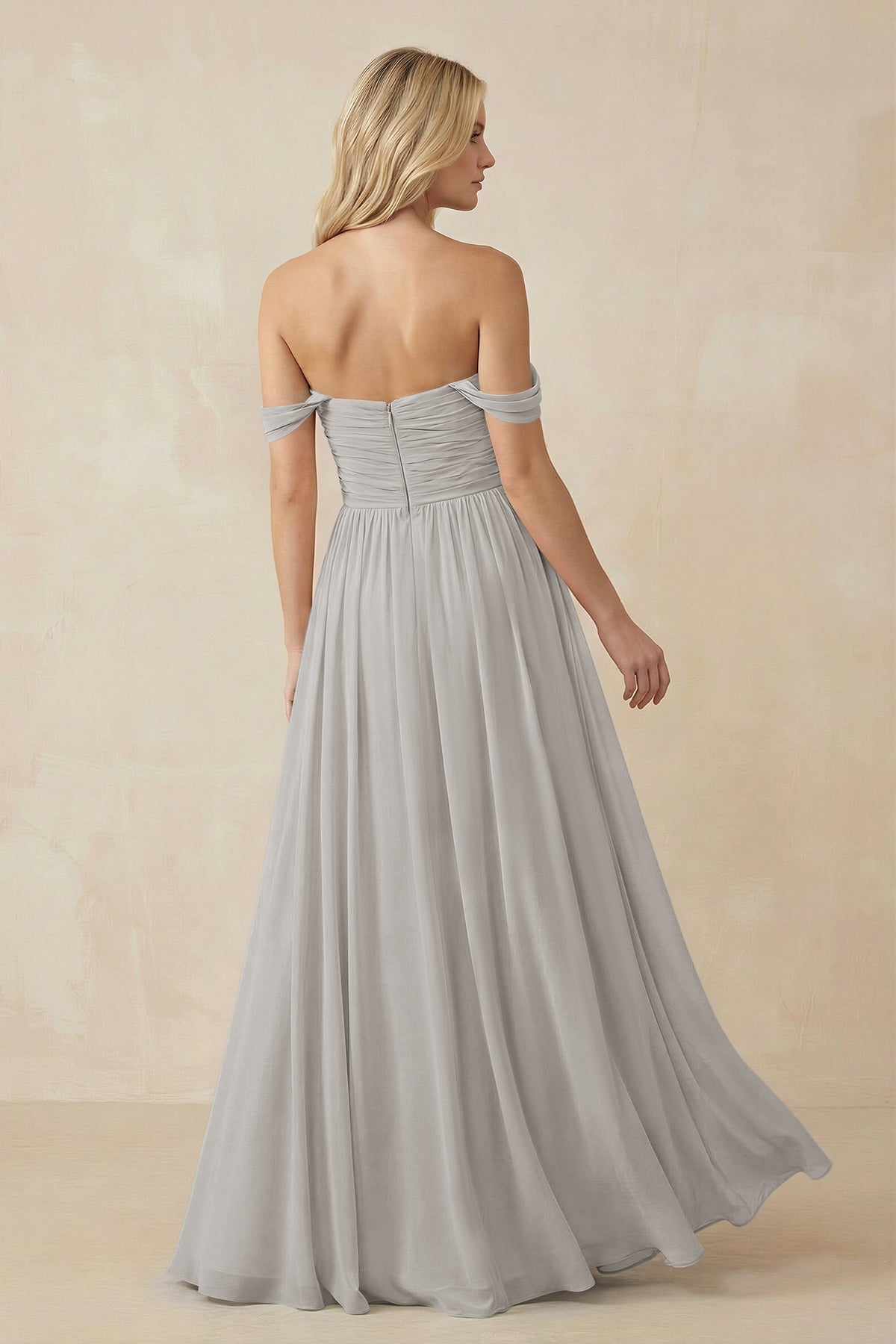 A-Line Pleated Long Chiffon Bridesmaid Dress in Silver