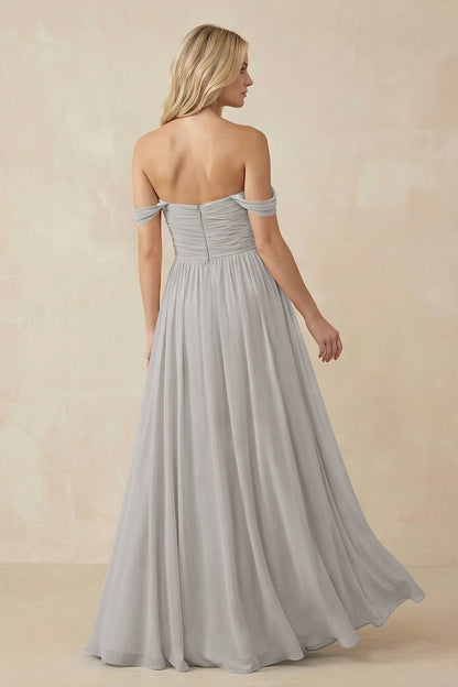 A-Line Pleated Long Chiffon Bridesmaid Dress in Silver