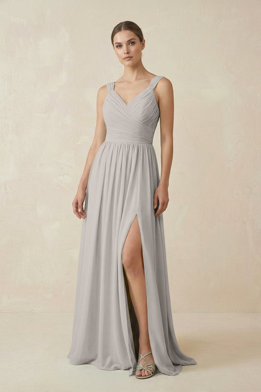 A-Line Pleated Chiffon Long Bridesmaid Dress in Silver