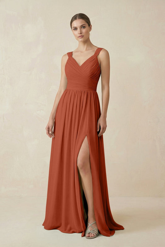 A-Line Pleated Chiffon Long Bridesmaid Dress in Spice