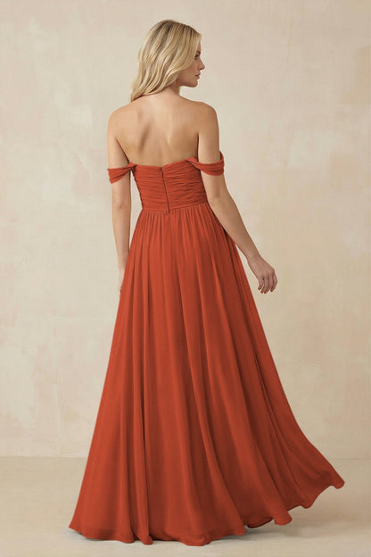 A-Line Pleated Long Chiffon Bridesmaid Dress in Spice