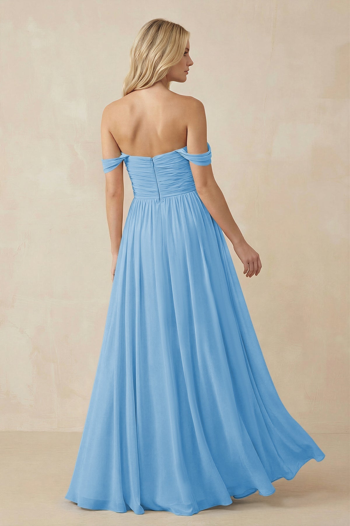 A-Line Pleated Long Chiffon Bridesmaid Dress in Steel Blue