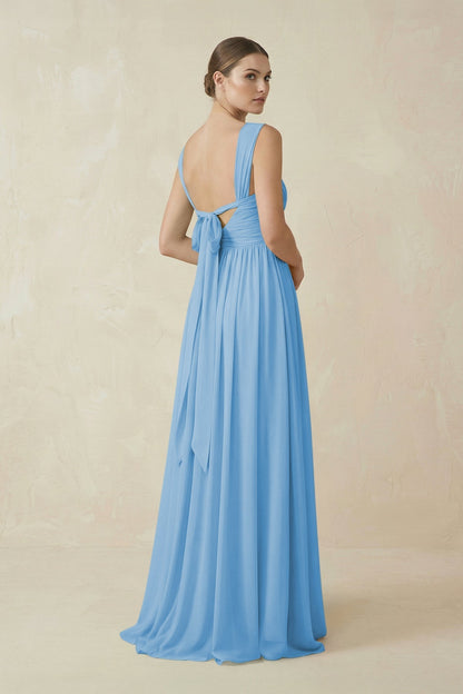 A-Line Pleated Chiffon Long Bridesmaid Dress in Steel Blue