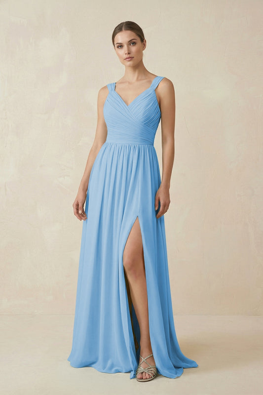 A-Line Pleated Chiffon Long Bridesmaid Dress in Steel Blue