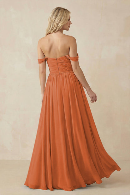 A-Line Pleated Long Chiffon Bridesmaid Dress in Terracotta