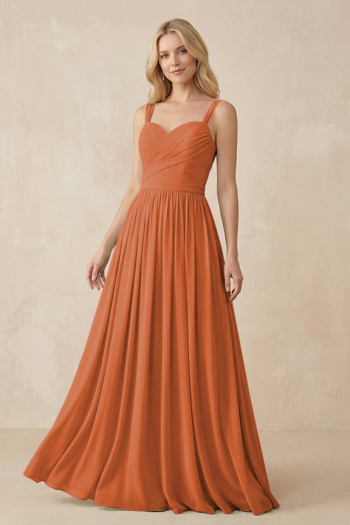 A-Line Pleated Long Chiffon Bridesmaid Dress in Terracotta